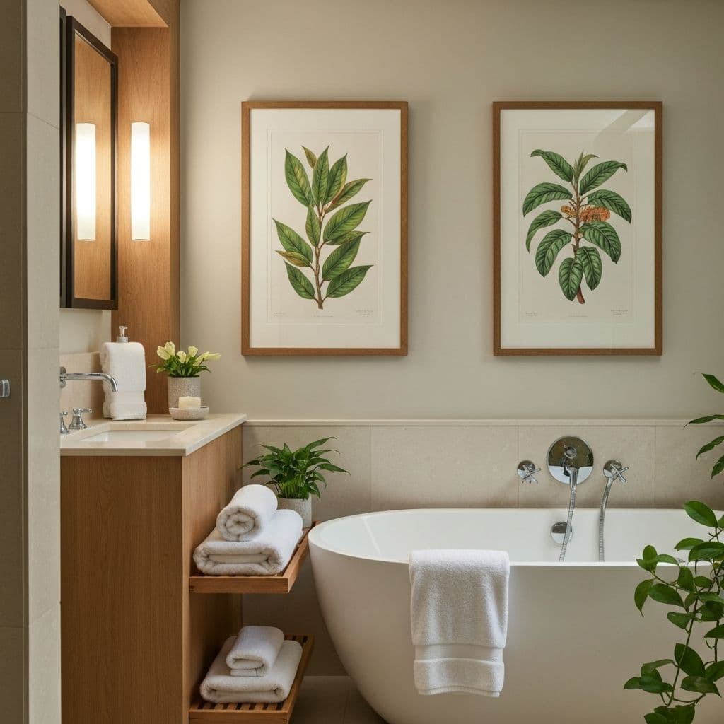 Elegant bathroom with framed botanical art near a bathtub