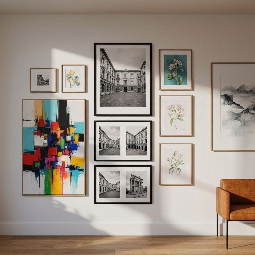 Beautiful gallery wall with mixed frame sizes and art styles
