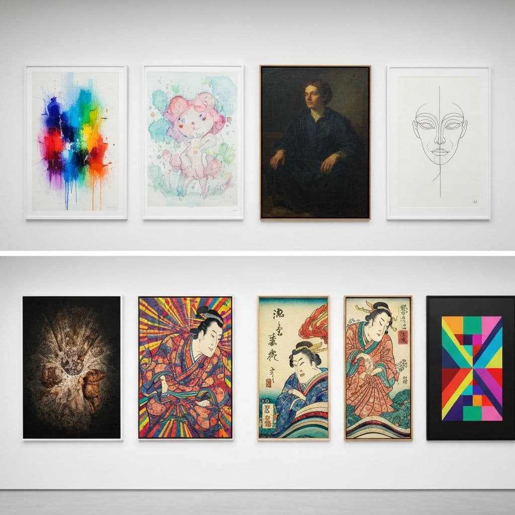 Gallery wall showcasing different AI-generated art styles