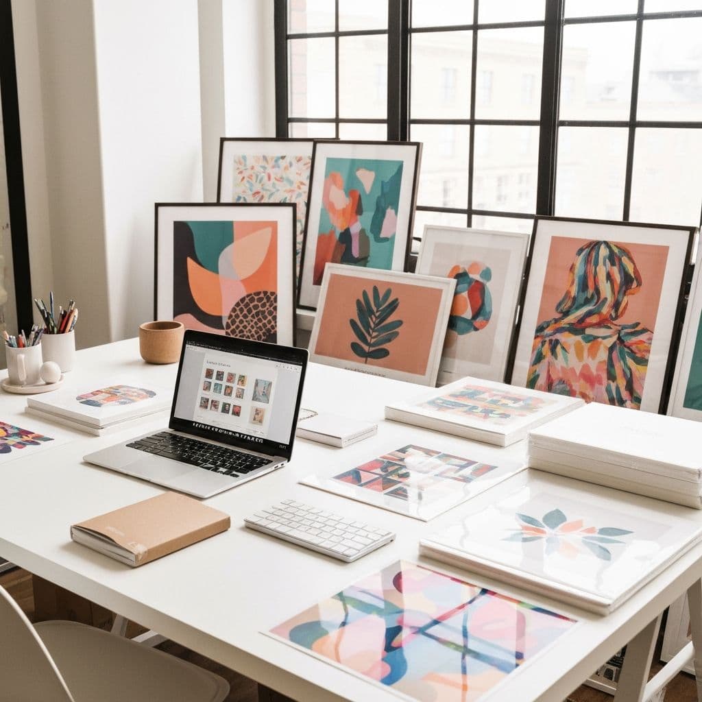 Creative workspace with laptop and printed wall art for selling online